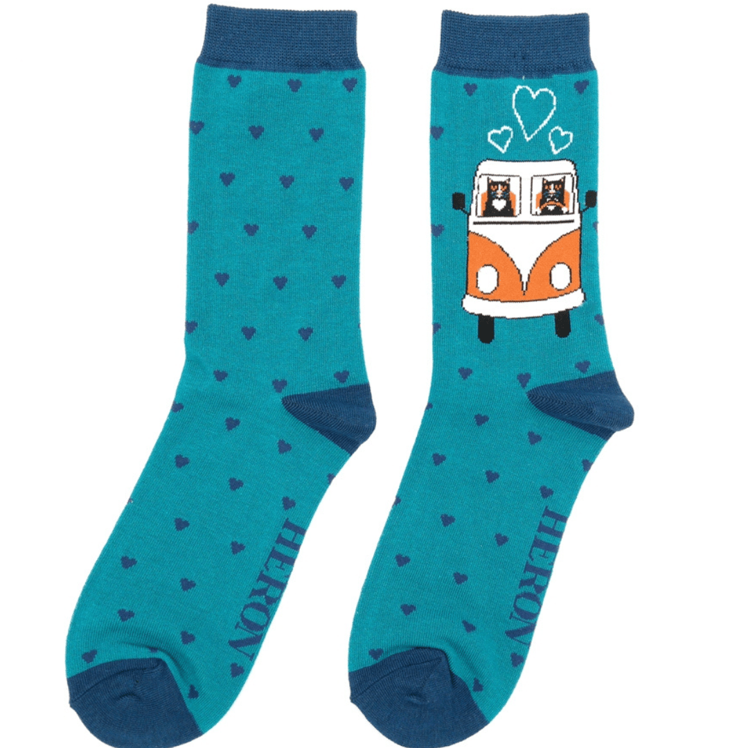 Mr Heron men's bamboo socks in teal featuring two cats travelling in a classic camper van with heart pattern on a soft bamboo fabric.