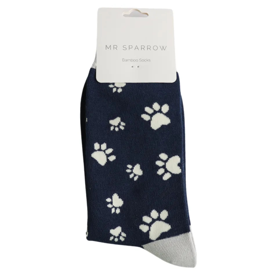 Socks Mr Sparrow Men's Bamboo Cat Socks 'Paw Print' – Navy