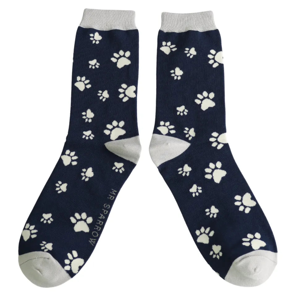 Socks Mr Sparrow Men's Bamboo Cat Socks 'Paw Print' – Navy