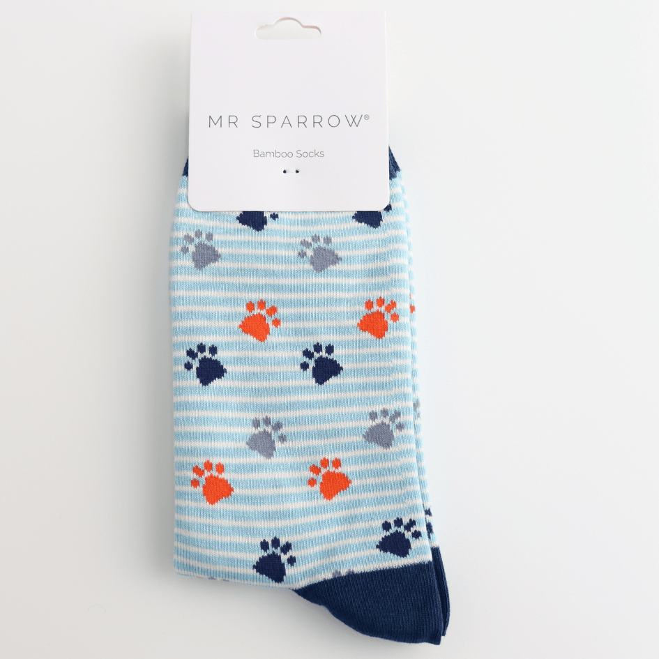 Socks Mr Sparrow Men's Bamboo Cat Socks 'Paws & Stripes' – Light Blue