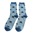 Mr Sparrow men's denim blue bamboo socks featuring rows of playful black peeking cats with contrasting navy heel, toe and cuff.