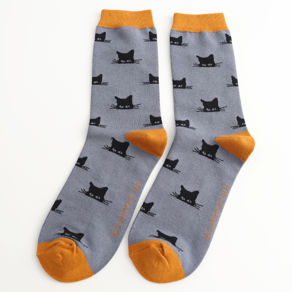 Socks Mr Sparrow Men's Bamboo Cat Socks 'Peeking Cats' – Inky Blue