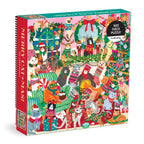 Mudpuppy Merry Catmas 500 piece Christmas cat jigsaw puzzle box showing festive cats in colourful jumpers around a decorated tree and fireplace.
