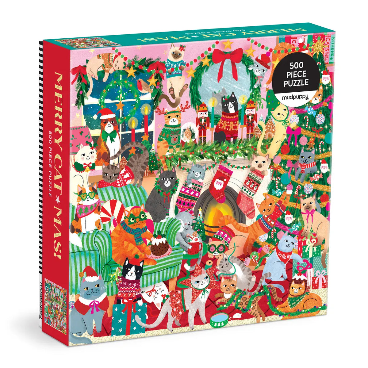 Mudpuppy Merry Catmas 500 piece Christmas cat jigsaw puzzle box showing festive cats in colourful jumpers around a decorated tree and fireplace.