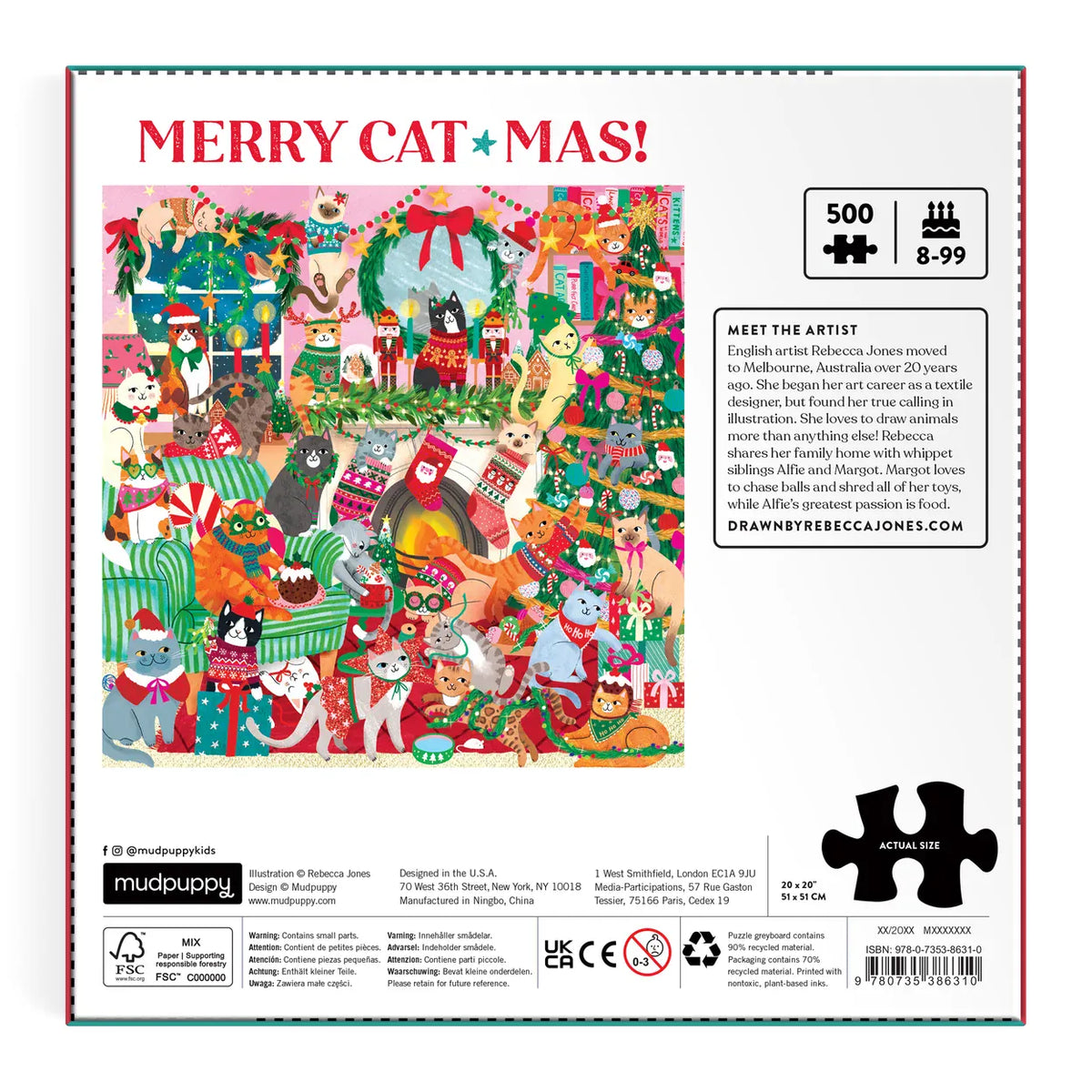 Back of Mudpuppy Merry Catmas 500 piece Christmas puzzle box showing festive cat artwork, Rebecca Jones artist biography and recycled material details.