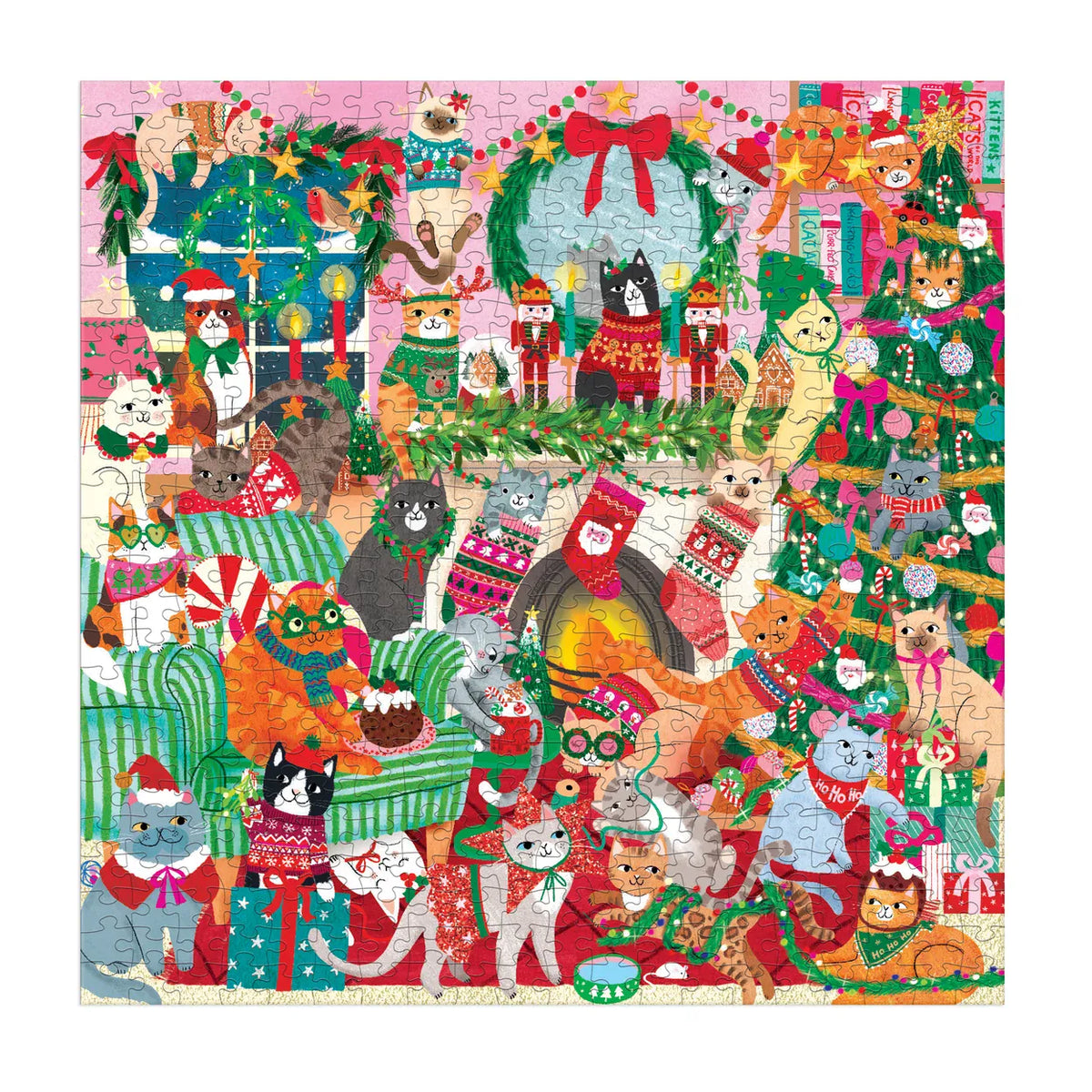 Completed Mudpuppy Merry Catmas 500 piece jigsaw puzzle measuring 51 × 51cm, featuring Christmas cats, a decorated tree, festive stockings and gifts.