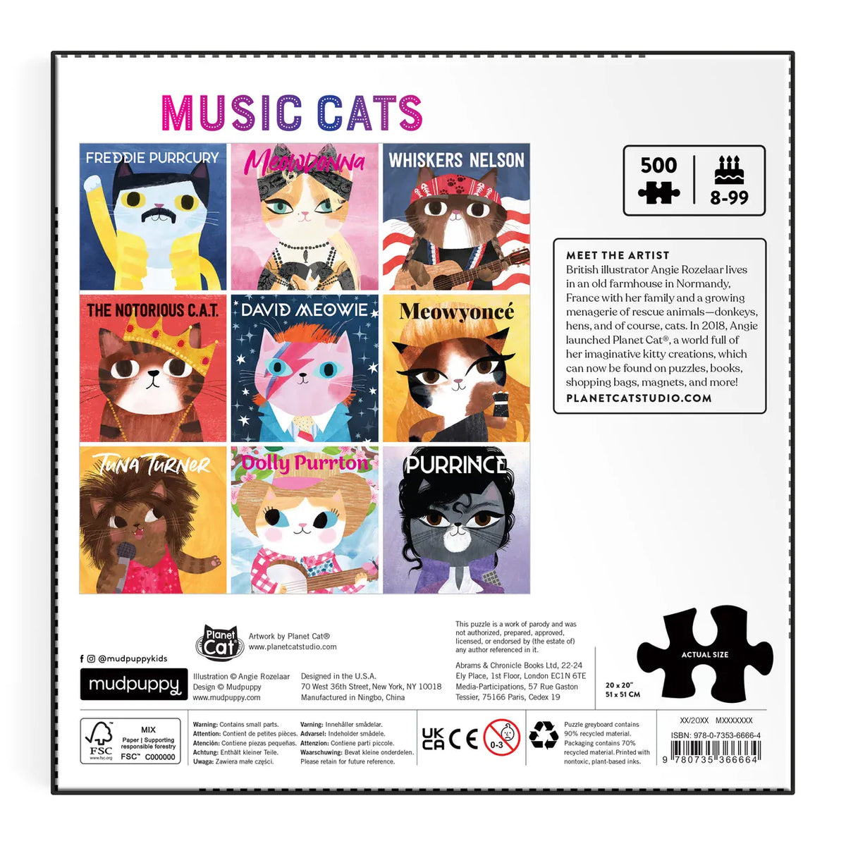 Back of Mudpuppy Music Cats 500 piece puzzle box featuring all nine musical cat portraits, Angie Rozelaar artist biography and recycled material information.