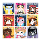 Front of Mudpuppy Music Cats 500 piece puzzle featuring colourful feline portraits of nine famous musicians with playful cat-themed names.