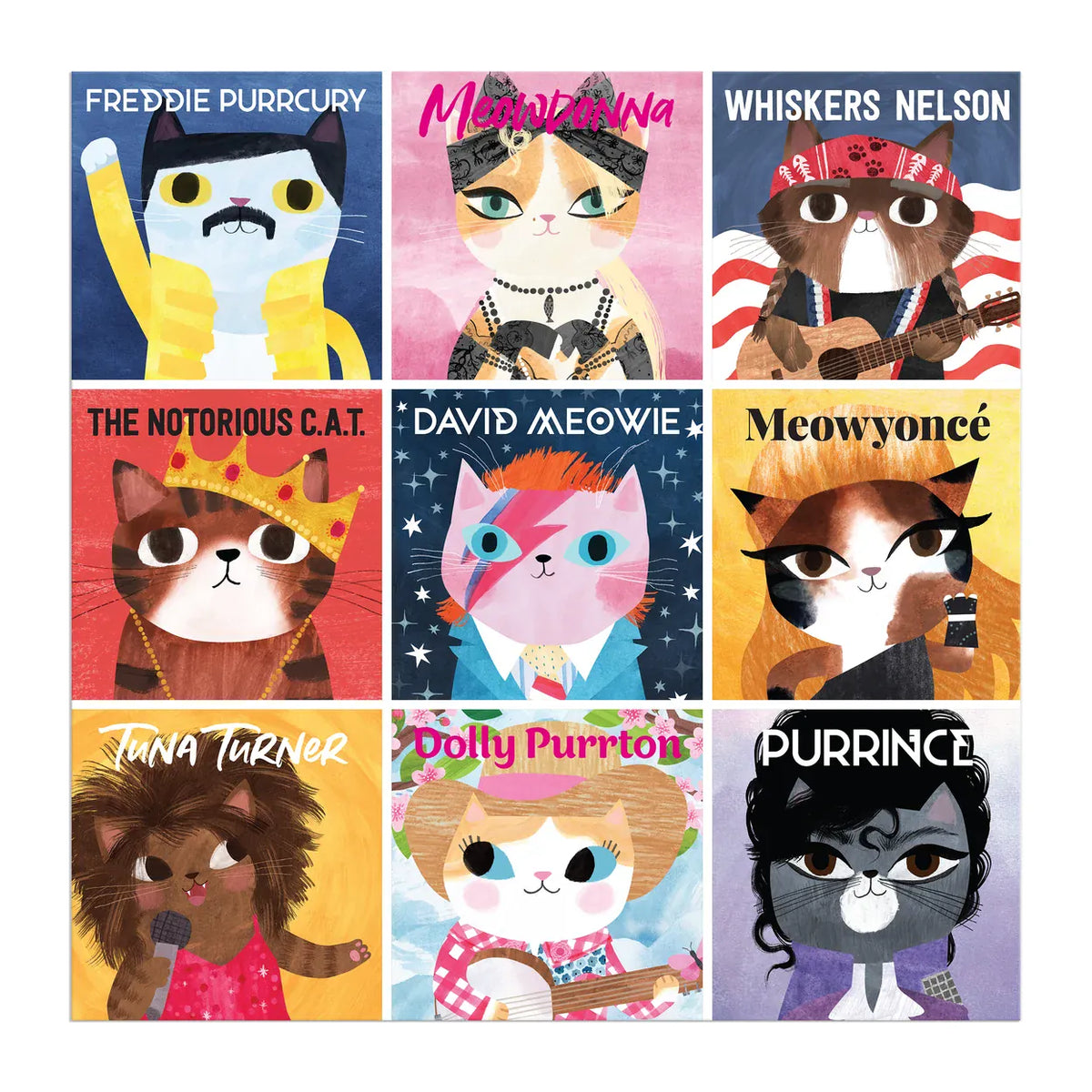 Front of Mudpuppy Music Cats 500 piece puzzle featuring colourful feline portraits of nine famous musicians with playful cat-themed names.