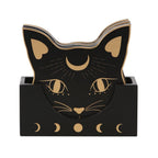 Mystic Mog cat face MDF coaster set with matching black storage holder featuring celestial moon design.