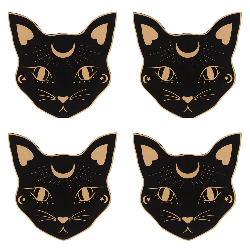 Set of four Mystic Mog black cat face MDF coasters with celestial moon and star design.