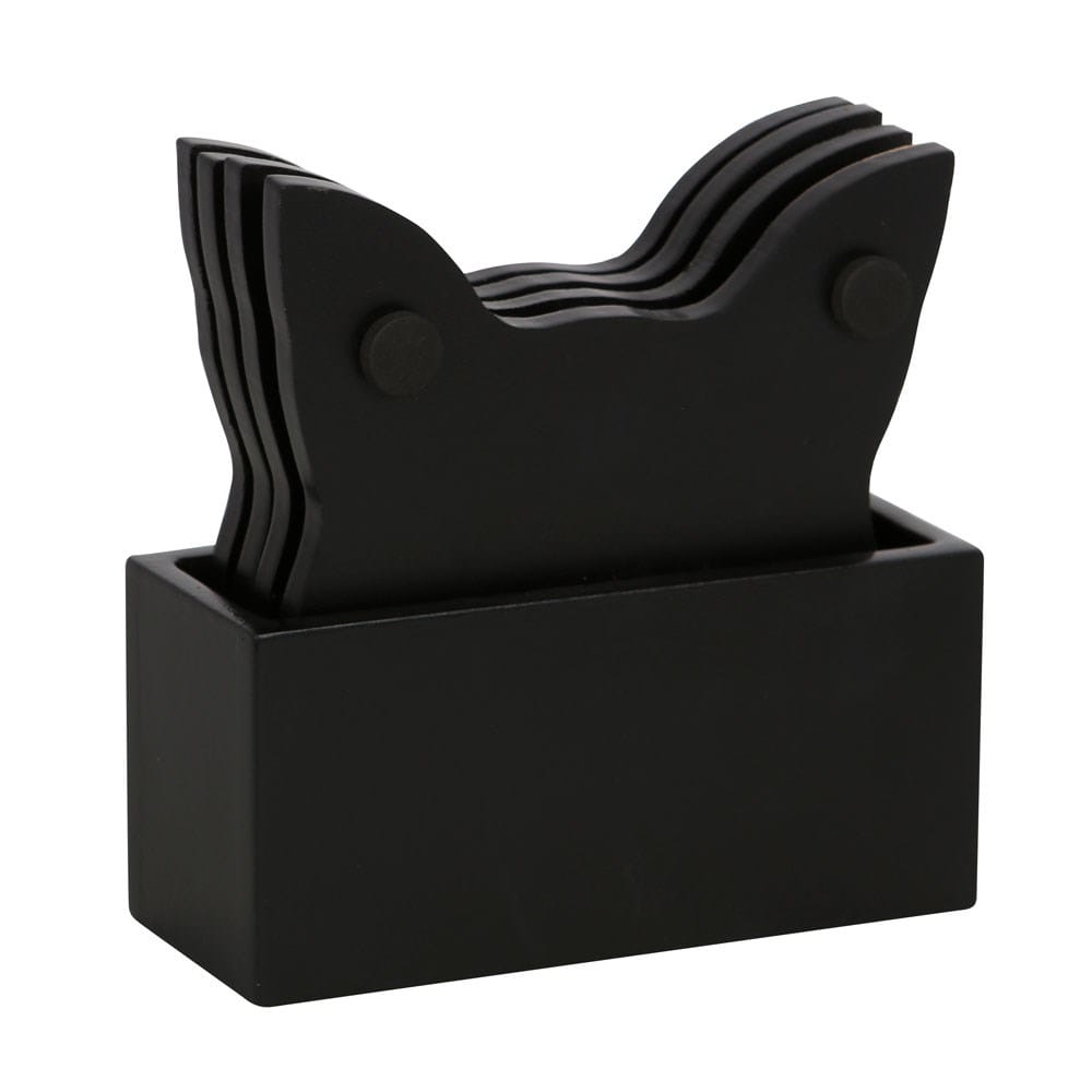 Rear view of Mystic Mog cat face MDF coaster set with matching black storage holder featuring celestial moon design.