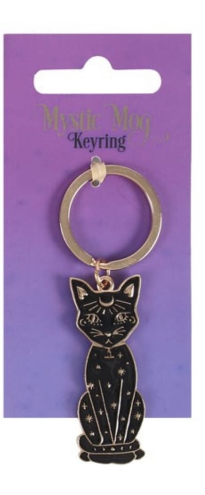 Mystic Mog metal and enamel keyring featuring a celestial black cat with moon and star details.