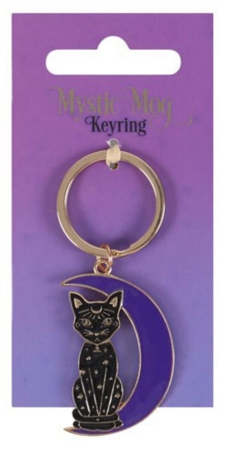 Mystic Mog metal and enamel keyring featuring a celestial black cat standing in the moon and star details.
