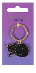Mystic Mog metal and enamel keyring featuring a sleeping celestial black cat with moon and star details.