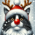 Funny Rudolph black and white cat Christmas card featuring a tuxedo cat wearing reindeer antlers, a shiny red nose and fluffy Santa hat in falling snow