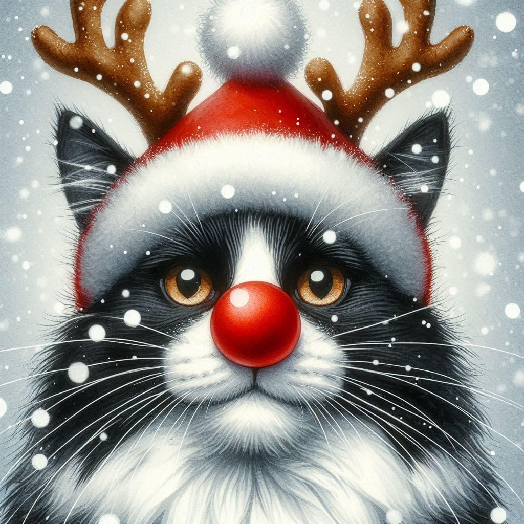 Funny Rudolph black and white cat Christmas card featuring a tuxedo cat wearing reindeer antlers, a shiny red nose and fluffy Santa hat in falling snow