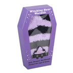 Witching Hour fluffy purple and black striped Halloween socks displayed inside coffin-shaped gift box with cute witch cat artwork