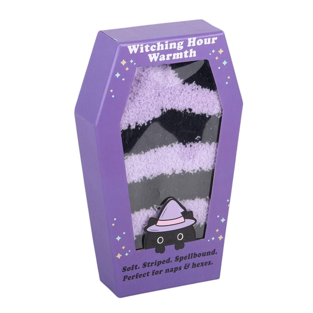 Witching Hour fluffy purple and black striped Halloween socks displayed inside coffin-shaped gift box with cute witch cat artwork