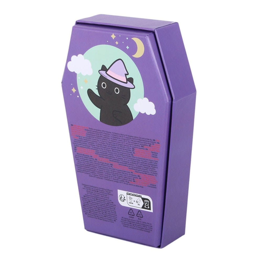 Back of purple coffin Halloween sock gift box featuring a cute black cat in a witch's hat beneath a crescent moon and stars
