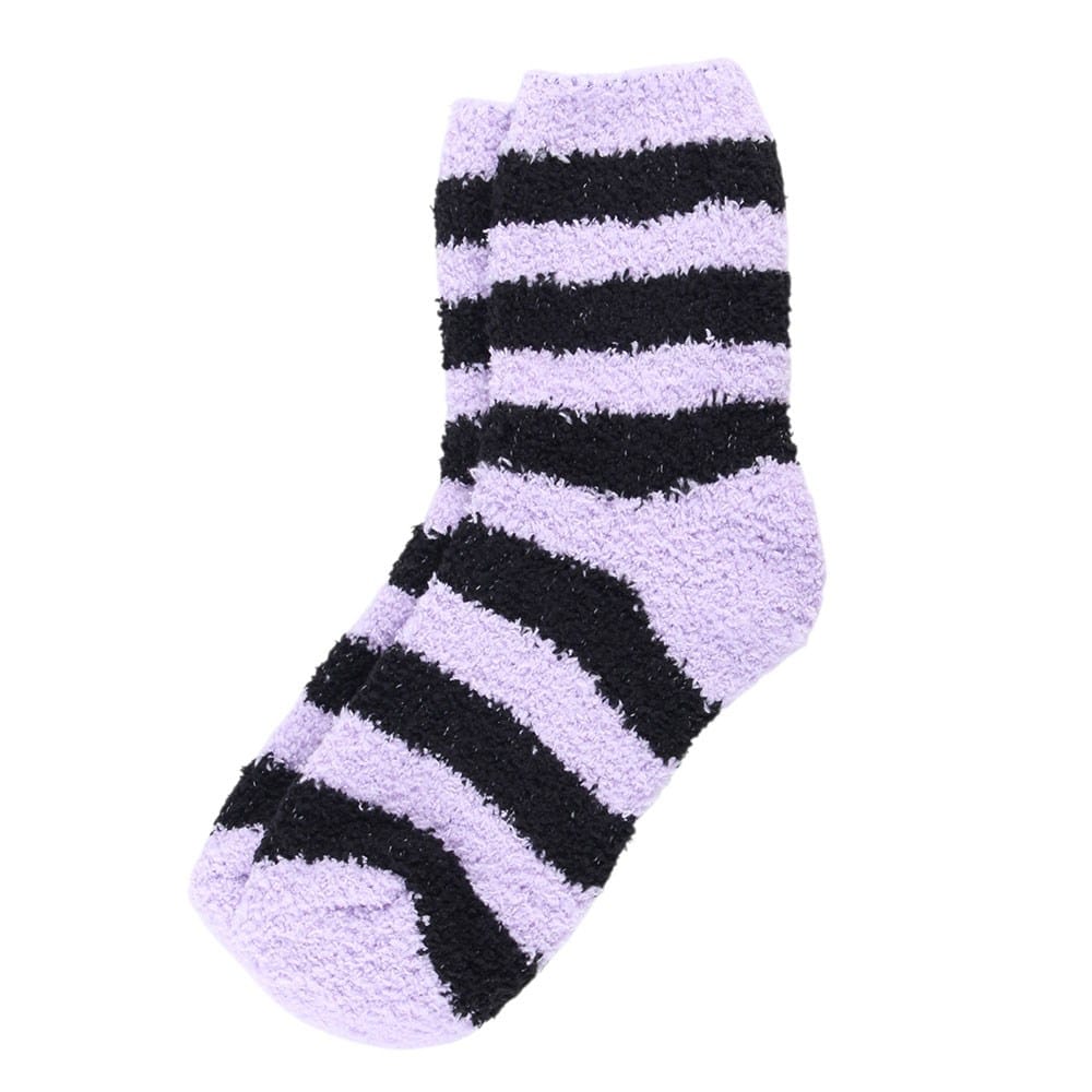 Soft pastel purple and black striped fluffy Halloween socks with cosy fuzzy texture, perfect for spooky autumn nights