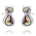 Equilibrium Paua Shell Cat silver plated earrings with unique iridescent natural shell and sparkling bows