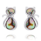 Equilibrium Paua Shell Cat silver plated earrings with unique iridescent natural shell and sparkling bows
