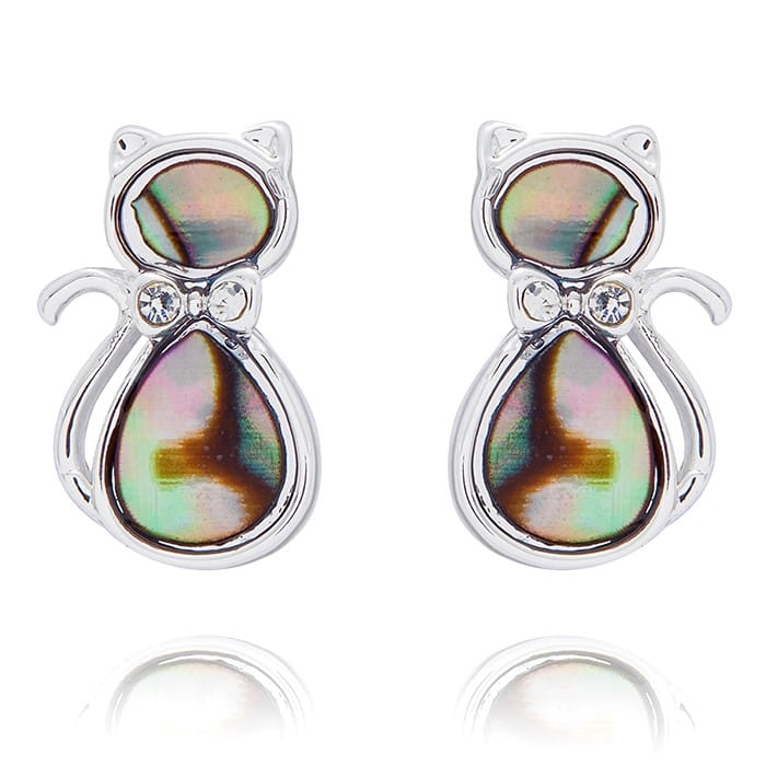 Equilibrium Paua Shell Cat silver plated earrings with unique iridescent natural shell and sparkling bows