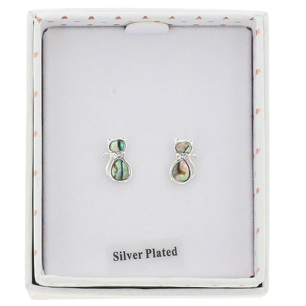 Equilibrium Paua Shell Cat silver plated earrings presented in Equilibrium gift box