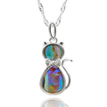 Equilibrium Paua Shell Cat silver plated necklace with iridescent blue green purple shell and sparkling bow
