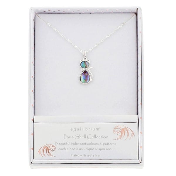 Equilibrium Paua Shell Cat silver plated necklace presented in Equilibrium Paua Shell Collection gift box