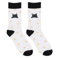 Pawsome black cat and paw print cotton socks with a peeking black cat design, golden paw prints and contrasting black cuffs, heels and toes.
