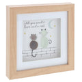 All You Need Is Love and a Cat glass pebble box frame plaque featuring two handcrafted pebble cats in a natural wooden frame with moon and stars.