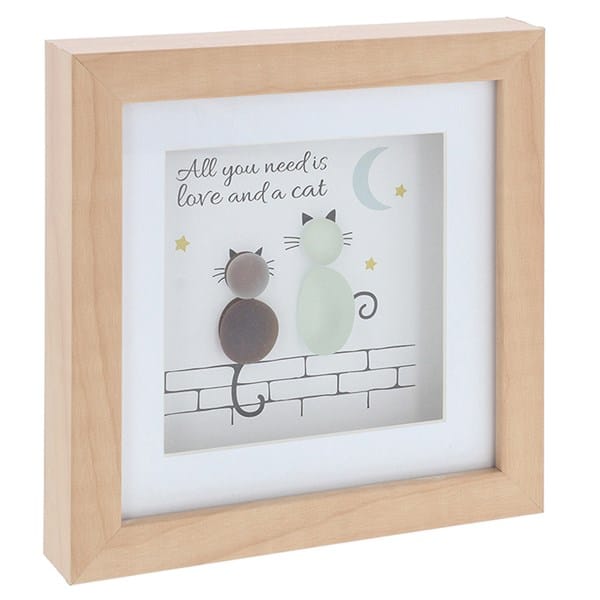 All You Need Is Love and a Cat glass pebble box frame plaque featuring two handcrafted pebble cats in a natural wooden frame with moon and stars.