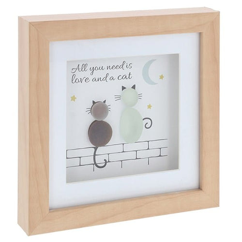 All You Need Is Love and a Cat glass pebble box frame plaque featuring two handcrafted pebble cats in a natural wooden frame with moon and stars.