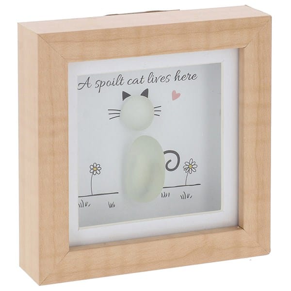 A Spoilt Cat Lives Here glass pebble box frame plaque featuring a handcrafted pebble cat inside a natural wooden frame with floral details.
