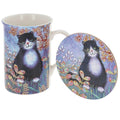 Penny Gaj black and white cat mug and matching round coaster gift set, featuring a tall ceramic mug with green-eyed tuxedo cat artwork surrounded by colourful flowers and foliage.