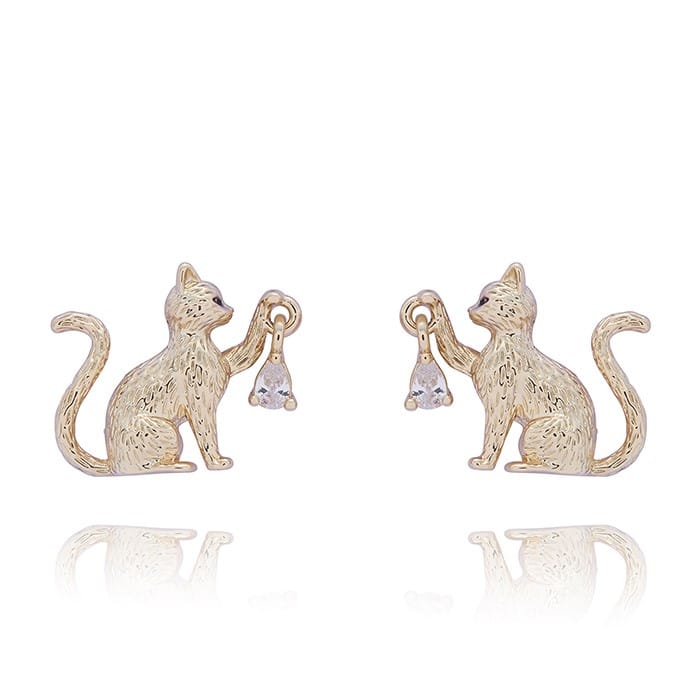 Equilibrium Playful Cat real gold plated earrings with moving cubic zirconia stones held in cats’ paws
