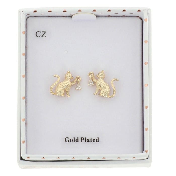 Equilibrium Playful Cat gold plated earrings with cubic zirconia stones presented in Equilibrium gift box