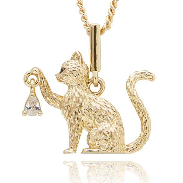 Equilibrium Playful Cat real gold plated necklace with moving cubic zirconia stone held in cat’s paw
