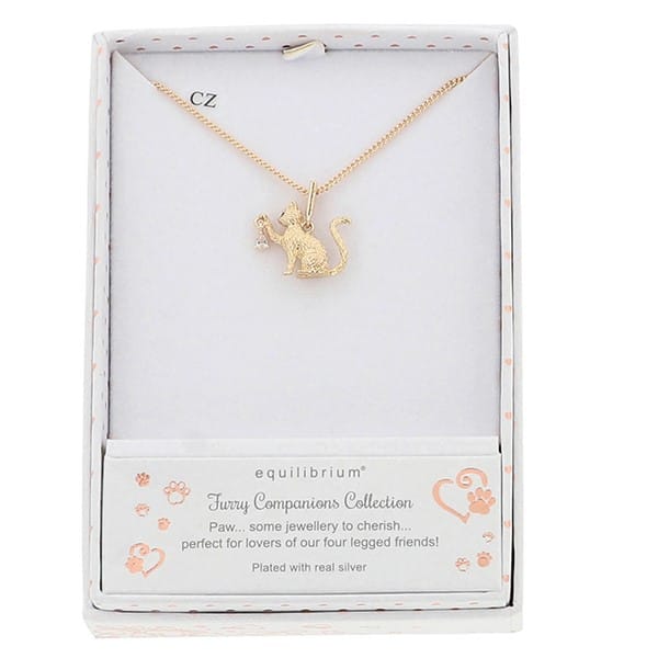 Equilibrium Playful Cat gold plated necklace with cubic zirconia stone presented in Equilibrium gift box