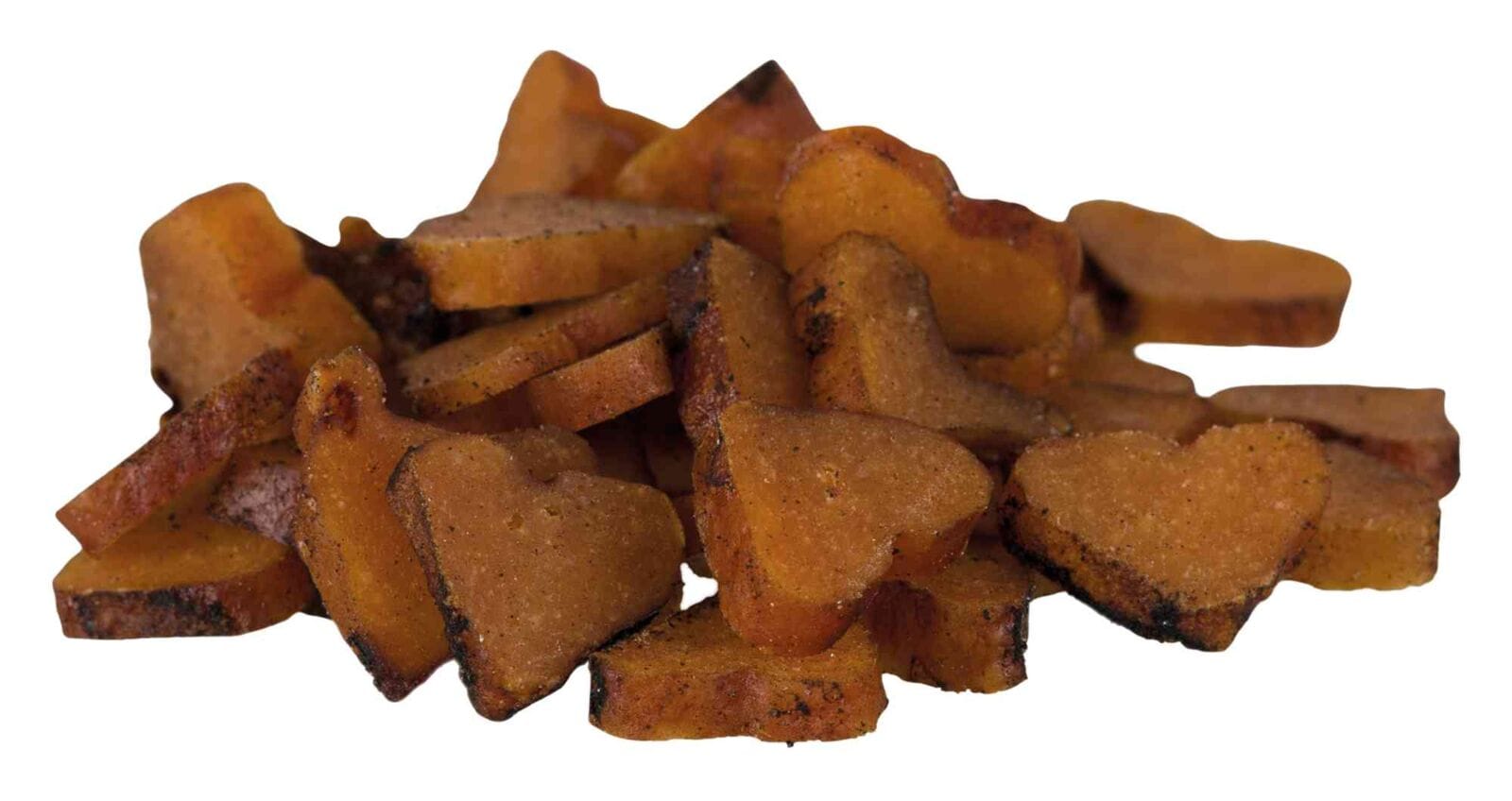 Stack of Trixie Premio Barbecue Hearts cat treats with 70% chicken breast on a white background