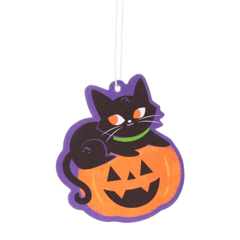 Hanging Black Cat sitting on pumpkin Halloween air freshener