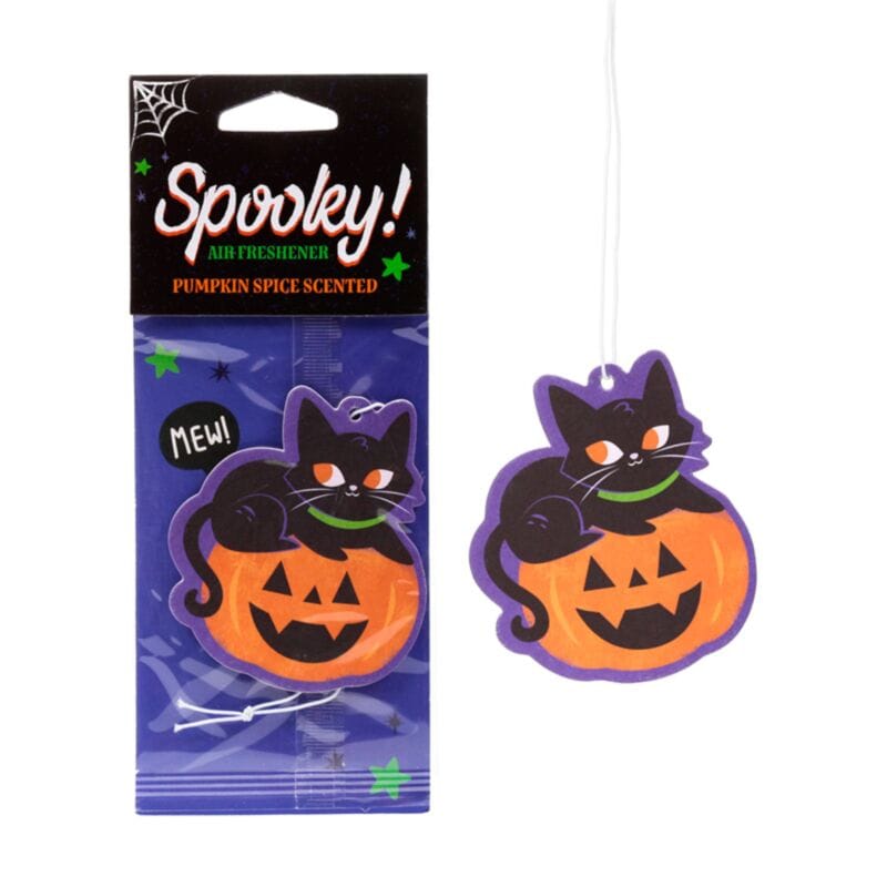 Pumpkin Spice Black Cat Halloween air freshener beside its packaging