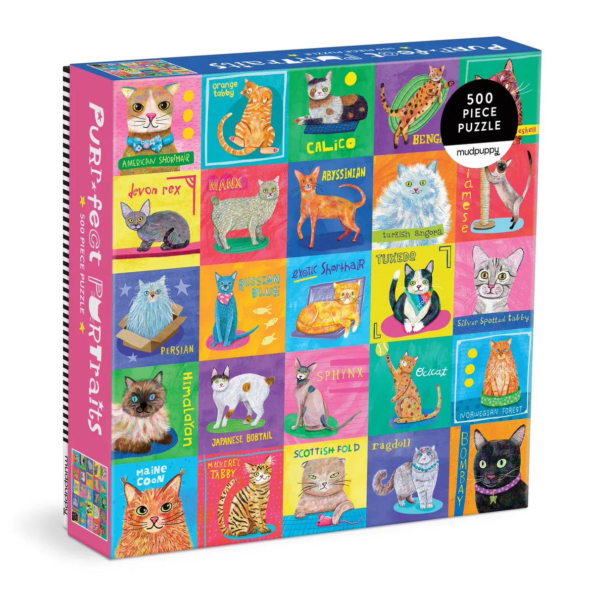 Mudpuppy Purr-fect Portraits 500 piece cat jigsaw puzzle box showing colourful illustrations of 25 cat breeds including Bengal, Persian and Maine Coon.