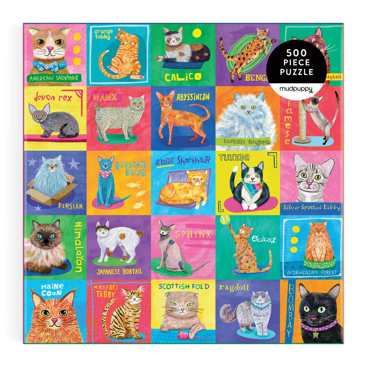 Front view of Mudpuppy Purr-fect Portraits 500 piece cat jigsaw puzzle featuring a bright patchwork of illustrated cat breeds and personalities.