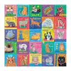 Completed Mudpuppy Purr-fect Portraits 500 piece jigsaw puzzle measuring 51 × 51cm with 25 vibrant illustrated cat portraits by Allison Strine.