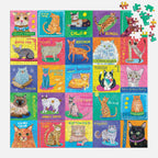 Mudpuppy 500 piece cat jigsaw puzzle nearly completed with loose puzzle pieces beside colourful portraits of 25 different cats