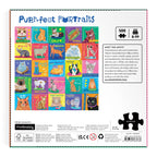 Reverse of Mudpuppy Purr-fect Portraits 500 piece cat puzzle box showing completed artwork, Allison Strine artist information and puzzle specifications.