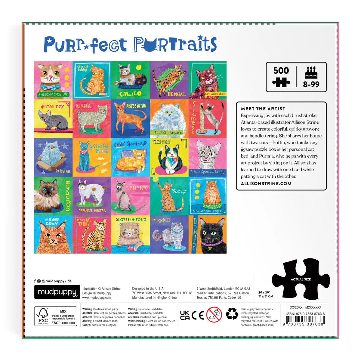 Reverse of Mudpuppy Purr-fect Portraits 500 piece cat puzzle box showing completed artwork, Allison Strine artist information and puzzle specifications.